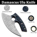 Damascus Ulu Knife with Leather Sheath - 7 Inch