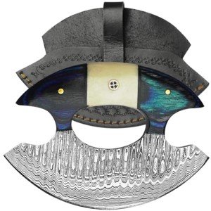 Damascus Ulu Knife with Leather Sheath & Handle