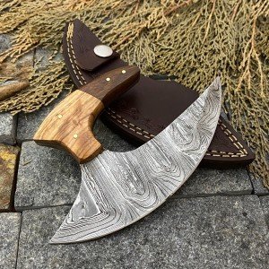 Hand Forged Damascus Steel Ulu Hunting Knife