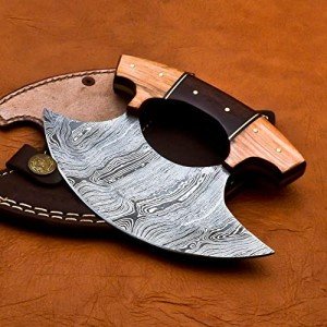 Damascus Steel Ulu Knife with Wood Handle