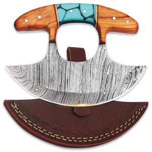 Damascus Steel Ulu Knife with Wooden Handle