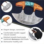 Damascus Steel Ulu Knife with Wooden Handle
