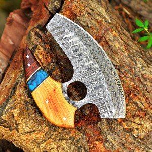 Custom Handmade Damascus Steel Ulu Kitchen Knife
