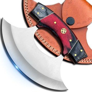 Custom Damascus Ulu Knife with Sheath - Red Black