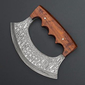 One-Handed Damascus Ulu Knife with Sheath