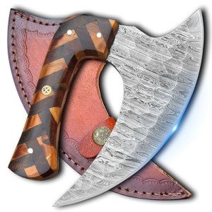 Handmade Damascus Steel Ulu Knife with Leather Sheath