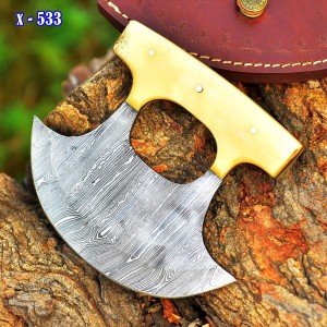 Damascus Steel Ulu Fixed Blade Hunting Knife