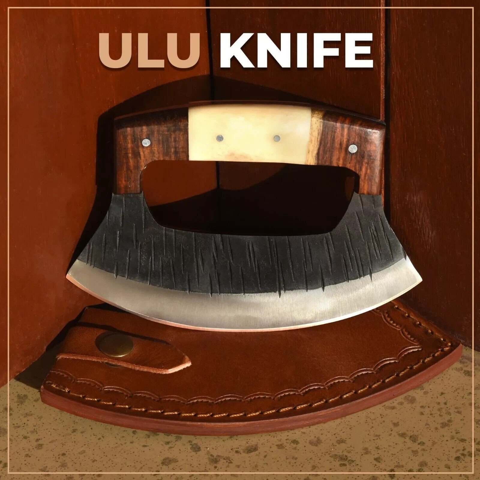 Damascus Ulu Knife with Wood Handle - Vintage Style