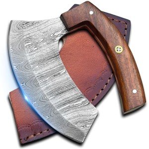 Handmade Damascus Steel Ulu Knife with Sheath