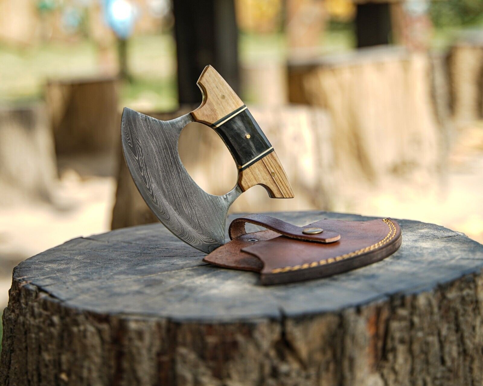 Hand Forged Damascus ULU Knife with Sheath