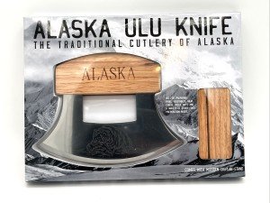Engraved Bear Alaska ULU Knife with Wooden Stand