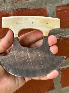 Damascus Steel Ulu Knife with Camel Bone Handle