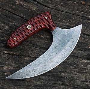 Damascus Steel Ulu Knife - T Grip Kitchen Tool