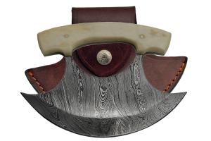 5.5" Damascus Steel Ulu Knife with Leather Sheath