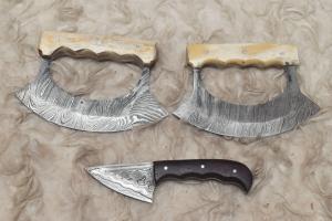 Handmade Damascus Steel Ulu Knife Set, 3 Pieces