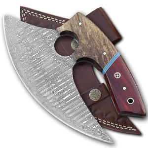 Damascus Ulu Knife with Leather Sheath – Handmade
