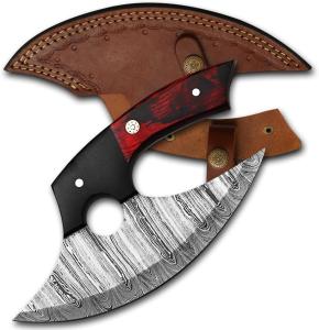 Damascus Ulu Knife with Leather Sheath
