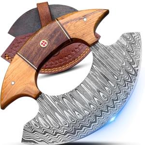 Damascus Ulu Knife with Leather Sheath – RC Knives