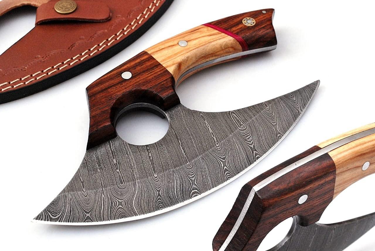 Handmade Damascus Steel Ulu Knife with Sheath