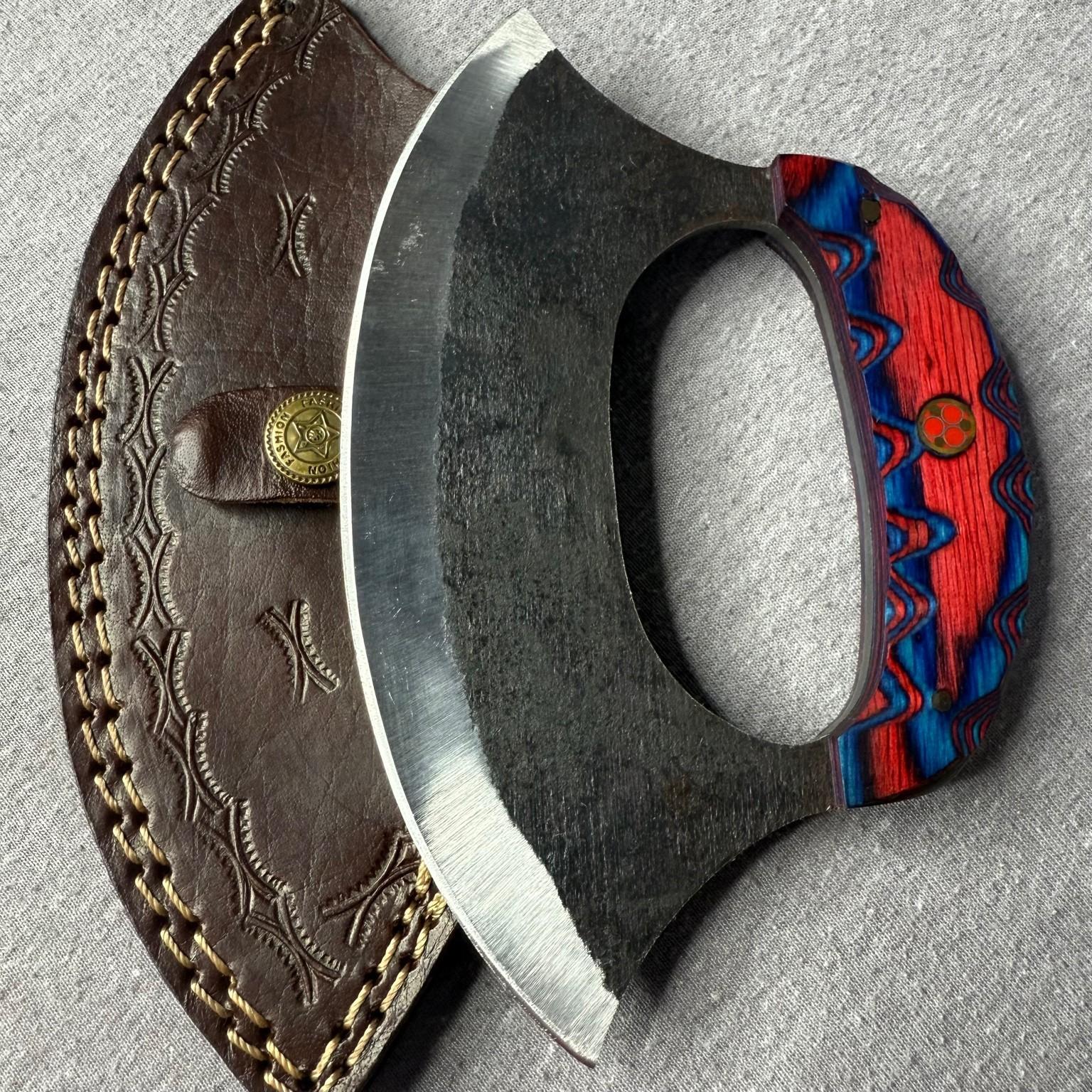 Carbon Steel Ulu Knife with Red Blue Handle
