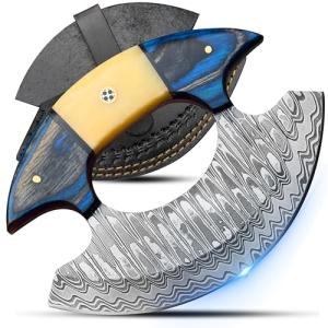 Custom Damascus Steel Ulu Knife with Leather Sheath