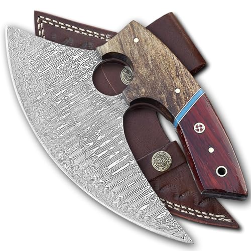 Damascus Ulu Knife with Leather Sheath - 7 Inch