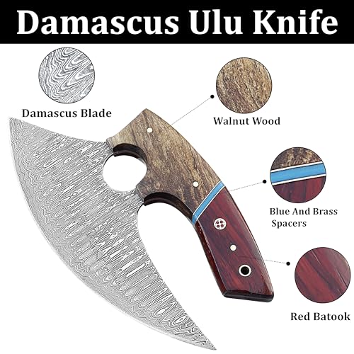 Damascus Ulu Knife with Leather Sheath - 7 Inch
