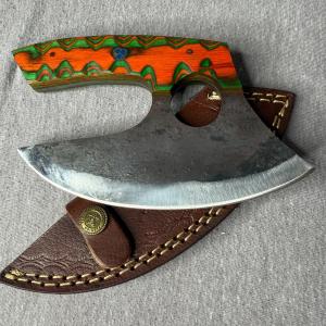 Carbon Steel Ulu Knife with Orange Green Handle