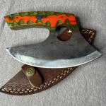Carbon Steel Ulu Knife with Orange Green Handle