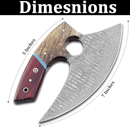 Damascus Ulu Knife with Leather Sheath - 7 Inch