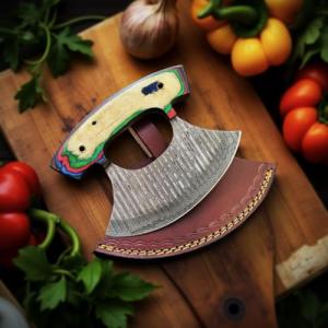 Damascus Steel Ulu Knife with Leather Sheath
