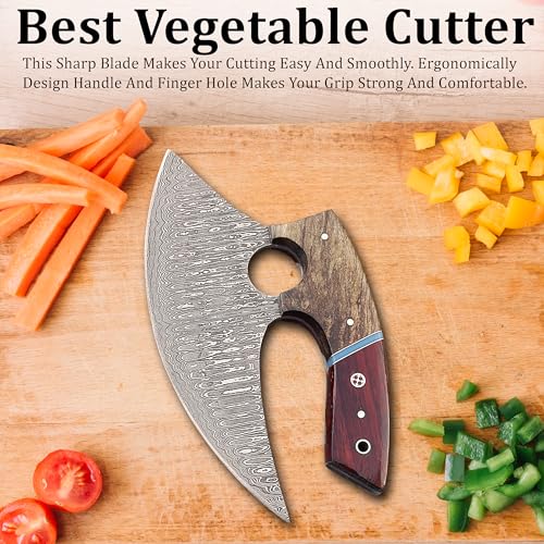 Damascus Ulu Knife with Leather Sheath - 7 Inch