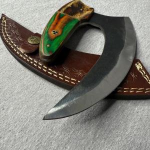 Carbon Steel Ulu Knife with Green-Orange Handle