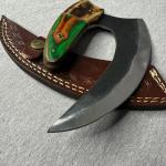 Carbon Steel Ulu Knife with Green-Orange Handle