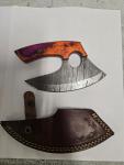 Damascus Steel Ulu Knife with Leather Sheath