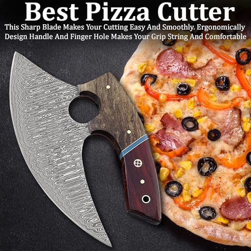 Damascus Ulu Knife with Leather Sheath - 7 Inch