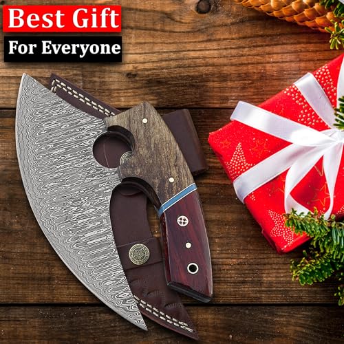 Damascus Ulu Knife with Leather Sheath - 7 Inch