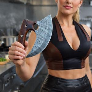 Damascus Steel Ulu Knife with Wooden Handle