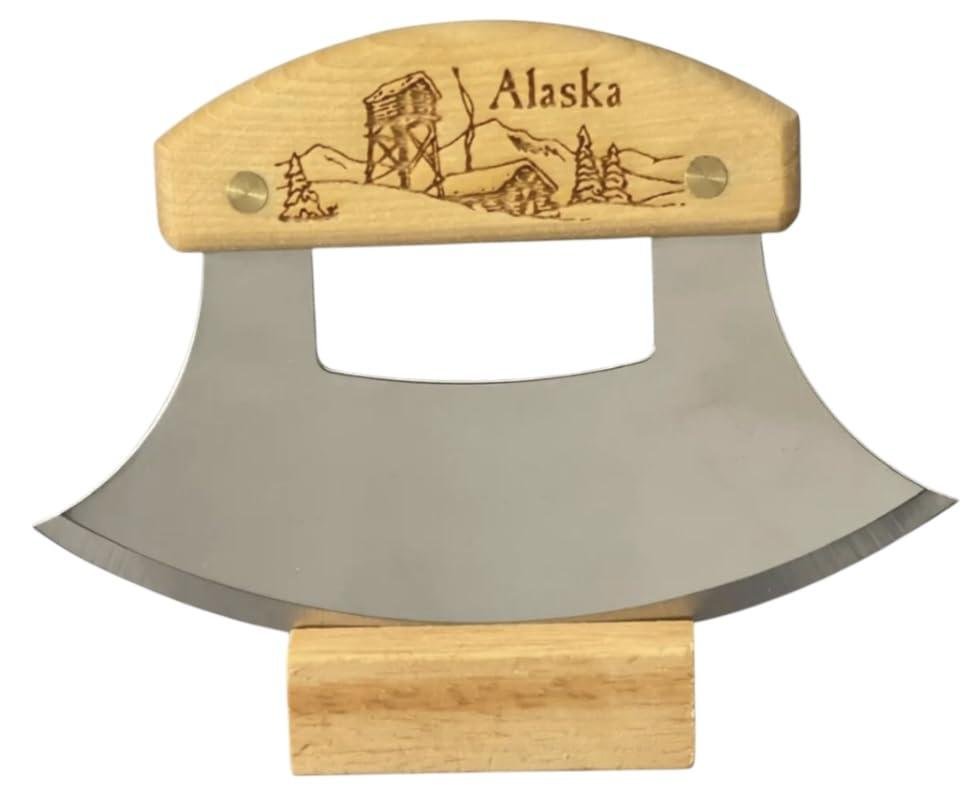 Alaska Birch Ulu Knife with Wood Stand