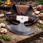 Custom Damascus Steel Ulu Knife with Sheath