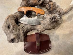 Damascus Steel Ulu Knife with Leather Sheath