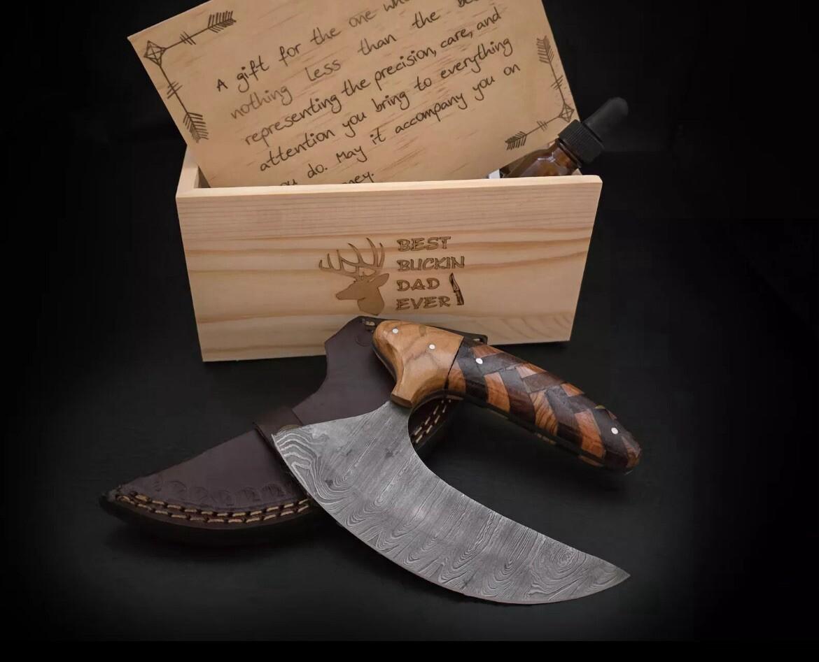 Damascus Ulu Knife with Sheath - Alaskan Style
