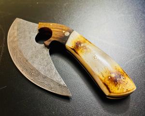 Damascus Ulu Knife with Leather Sheath