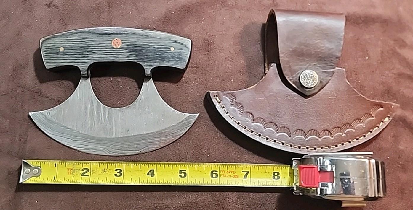 Damascus Ulu Knife with Wooden Scales and Sheath