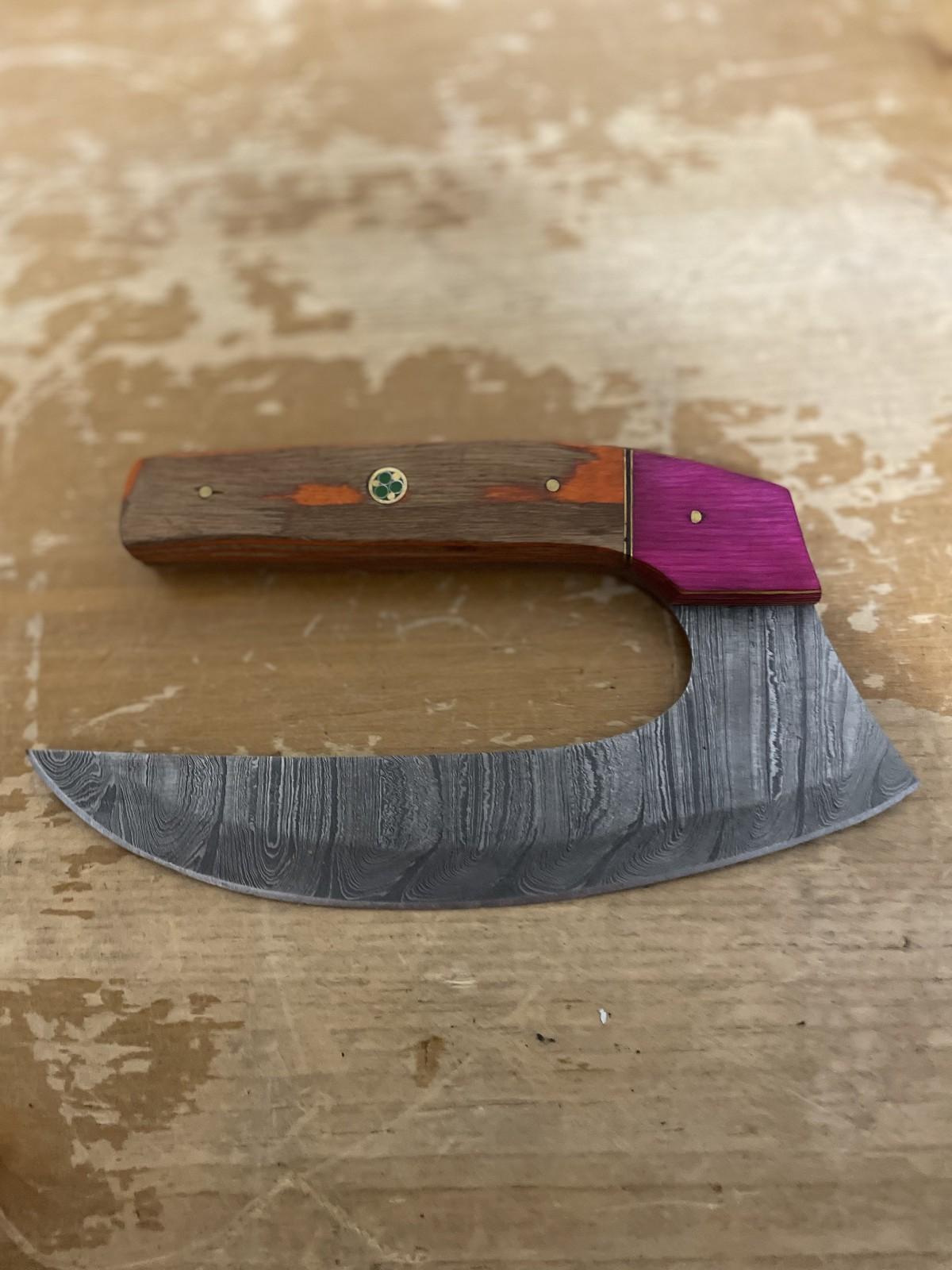 Damascus Steel Ulu Knife with Leather Sheath