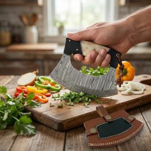 Damascus Steel Alaskan Ulu Knife with Leather Sheath