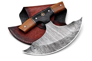 Custom Damascus Steel Ulu Knife with Leather Sheath