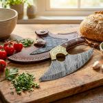 Damascus Steel Alaskan Ulu Knife with Burl Handle