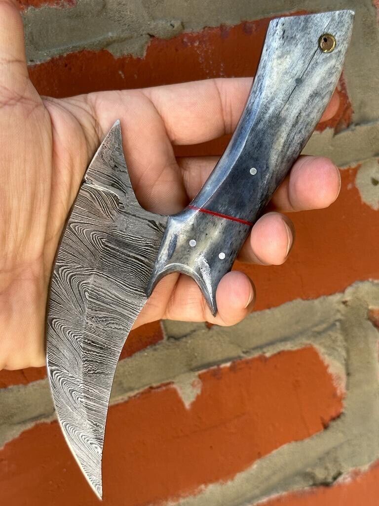 Handmade Damascus Ulu Knife with Camel Bone Handle