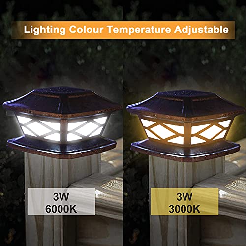 longziming Solar LED Post Lights, 2 Lighting Colours Adjustable Waterproof Garden Outdoor Post Cap Lamp for 4x4 5x5 6x6 Wooden Posts, Deck, Patio, Fence (Cool White 6000K and Warm White 3000k)